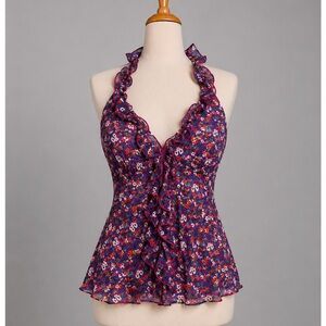 Y2K Floral Ruffle Halter Top Medium Vintage Mandee🌺Fairycore Boho Romantic
